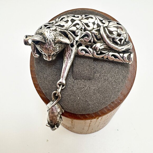 VTG Sterling Silver 925 Cat & Mouse Scroll Design Brooch Size 1.5" Length - Picture 1 of 16